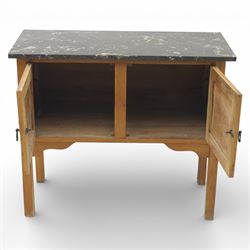 Edwardian walnut stained washstand, rectangular grey marble top, the base fitted with a pair of panelled cupboard doors with iron handles, raised on square tapering supports