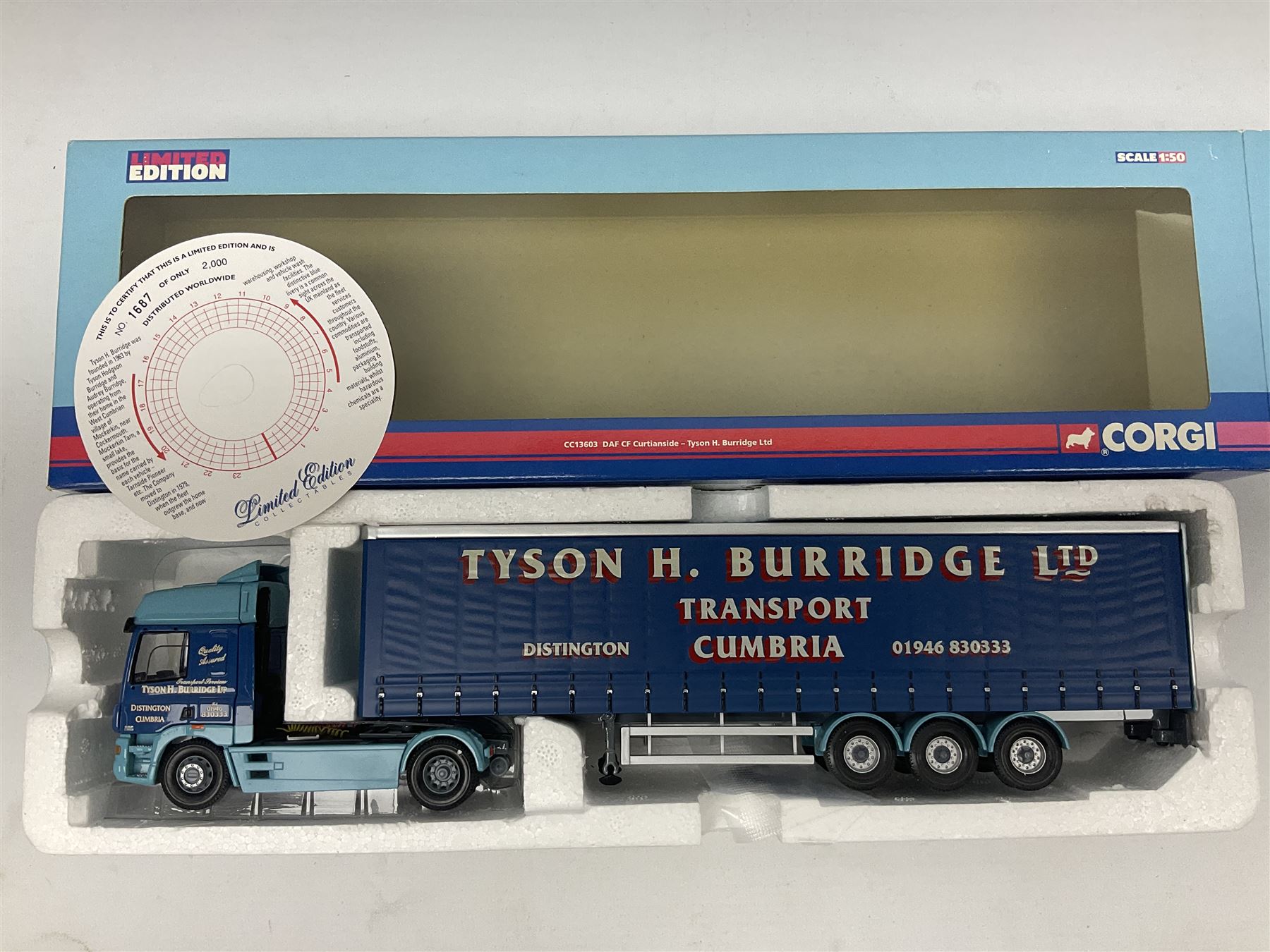 Corgi - three limited edition Hauliers of Renown lorries; CC13231 DAF XF Curtainside James Irlam & Sons Ltd; CC13420 MAN TGA Curtainside Woody's Express; and CC13603 DAF CF Curtainside Tyson H. H. Burridge Ltd; all boxed (3)