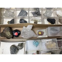 Natural history; Collection of rock and mineral specimens to include muscovite, sphalerite zinc blende, breccia, migmatite, fluorite etc, housed in a wood box, some named 