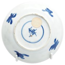 Set of six Chinese blue and white saucers, mostly Kangxi period, comprising matching pair decorated with insects and birds, example with painted lions and tigers, four bearing blue painted 'lingzhi' fungus mark to base, the others unmarked (6)