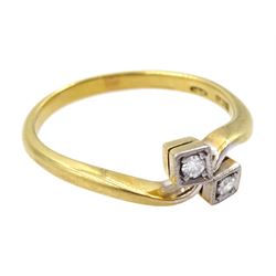 Art Deco gold milgrain set two stone old cut diamond crossover ring, stamped 18ct