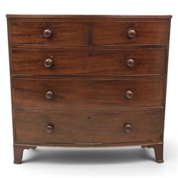 19th century bow fronted mahogany chest, two short over three graduating drawers, raised on bracket feet