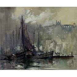 Robert Leslie Howey (British 1900-1981): Boats moored in Whitby Harbour, watercolour and gouache signed 22.5cm x 27cm