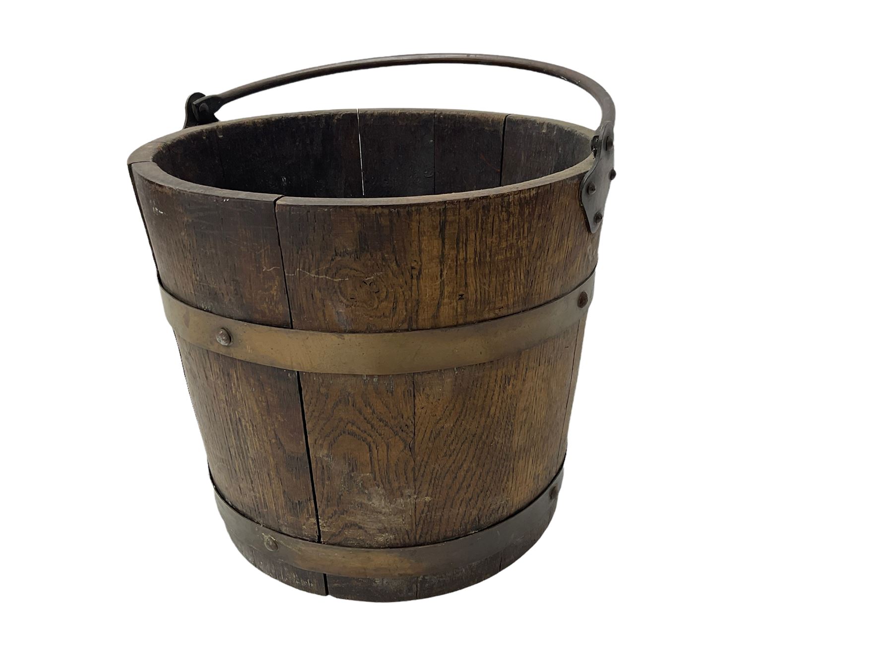 Tudor style oak coal type box with hinged top, with tin liner; and a coopered bucket (2)