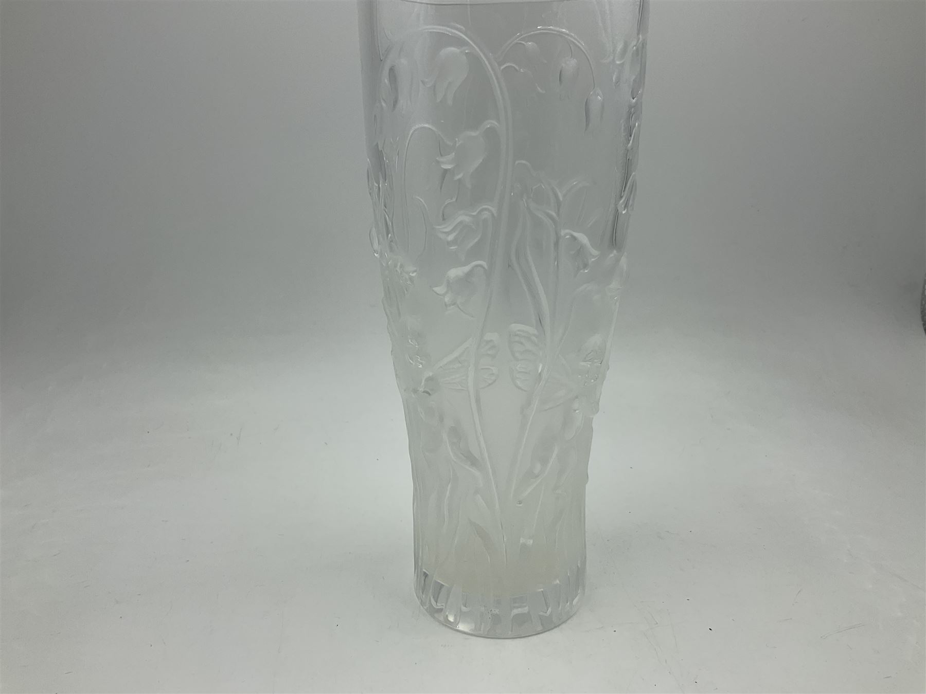 Lalique Elves frosted glass vase, moulded with elves playing amongst bluebells, circa 2005, with engraved Lalique France mark beneath, H19.5cm