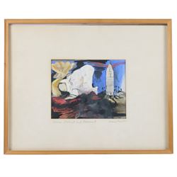 English School (20th century): 'Cousin Naheed and Monument', mixed media indistinctly sign...