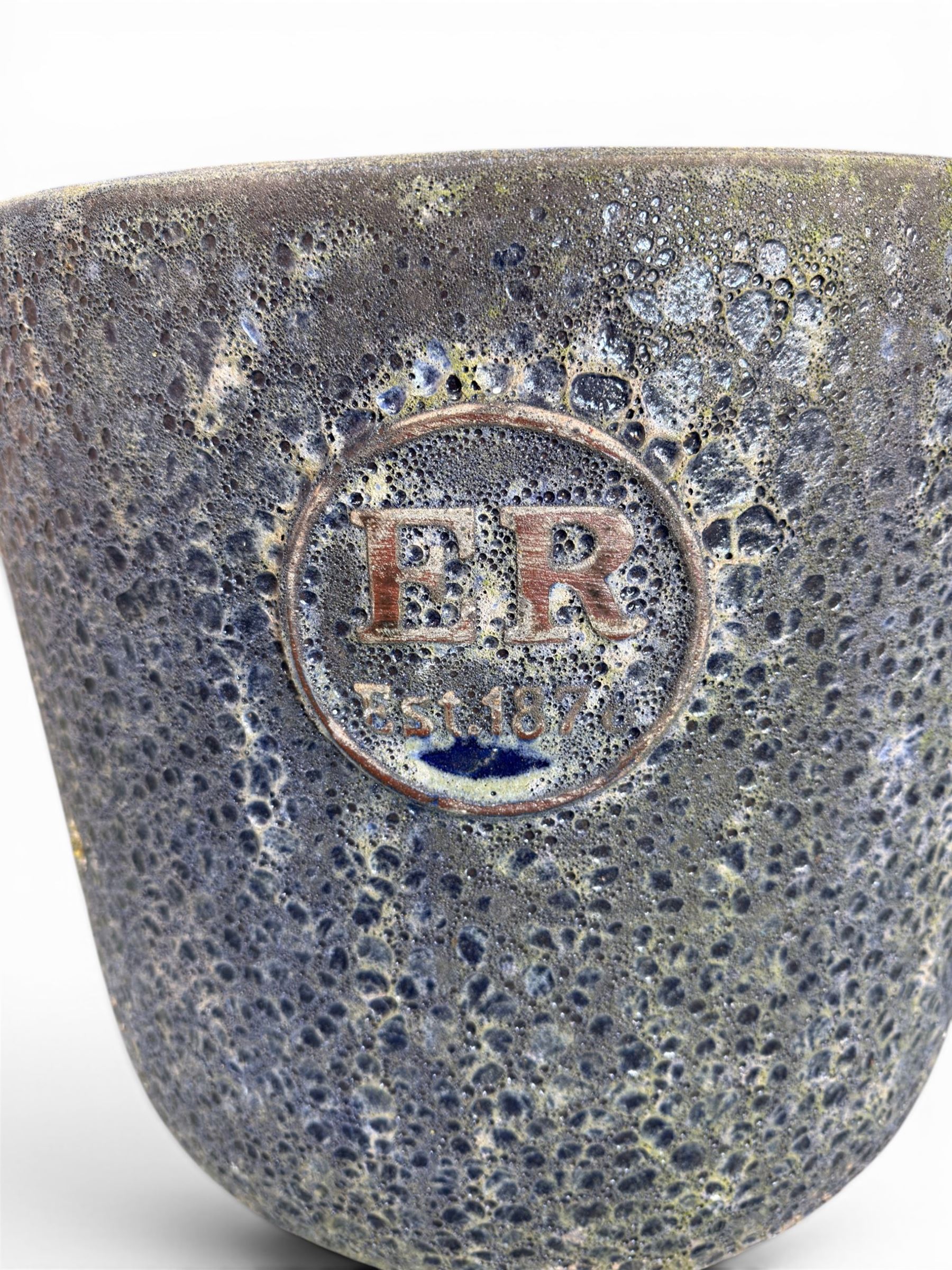 Pair of mature ornamental cherry trees, planted in lead-effect planters stamped ER