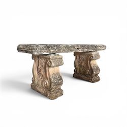 Weathered cast stone three-piece garden bench, with rectangular seat with egg-and-dart mou...