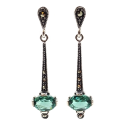  Pair of silver green tourmaline and marcasite pendant earrings, stamped 925  