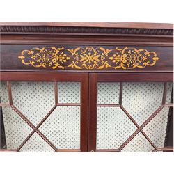 19th century mahogany piano top secretaire bookcase, two astragal doors above curved hinged retractable writing compartment, above two cupboards