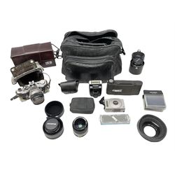 Various camera and related items including Olympus OM2 camera body, camera bag, lenses etc