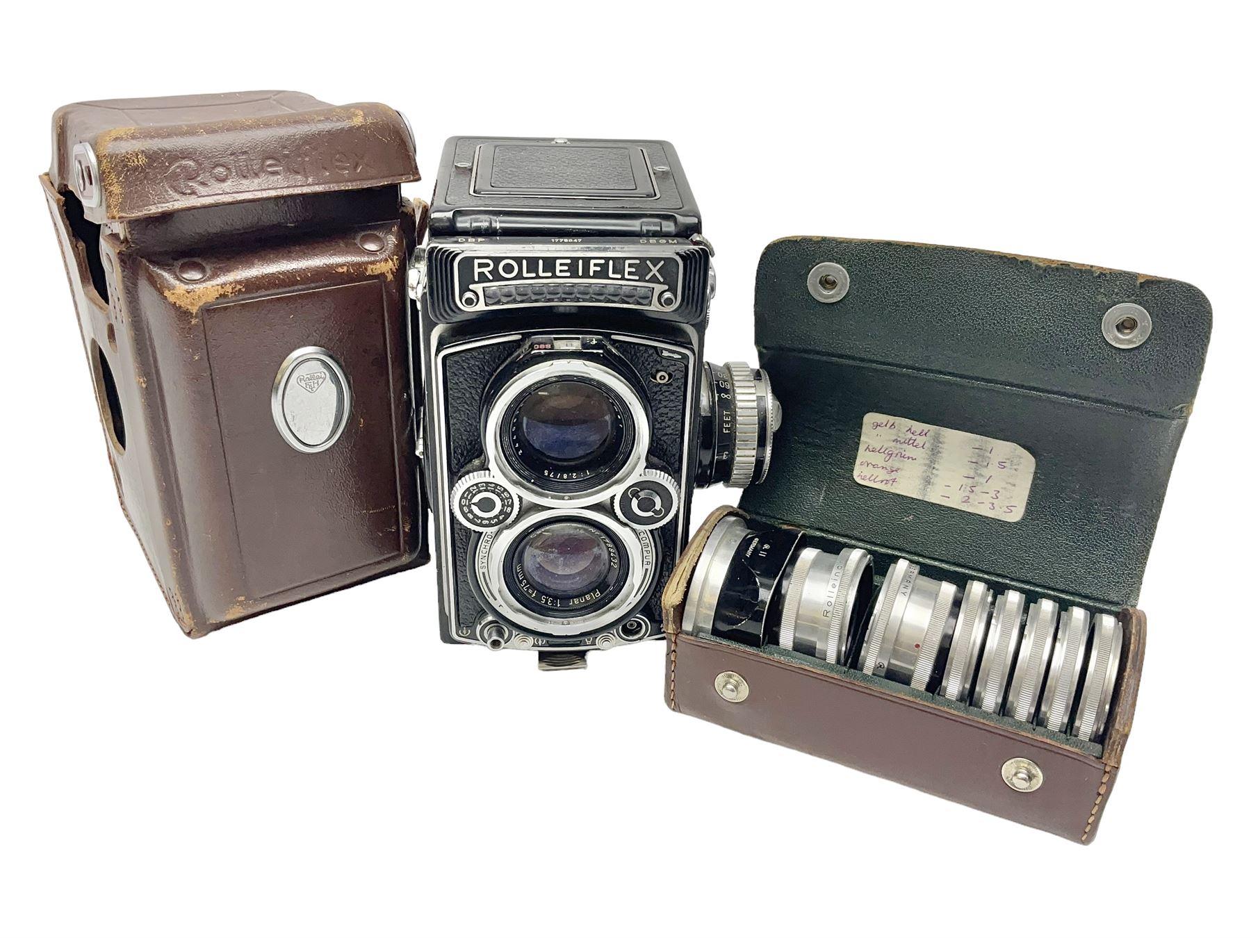 Rollei Rolleiflex 3.5C camera body, serial no 1775847, with 'Planar 1.35 f-75mm' lens serial no 1788432 and 'Heidosmat 1:2.8/75' lens serial no 2440876, complete with a cased set of additional lenses 