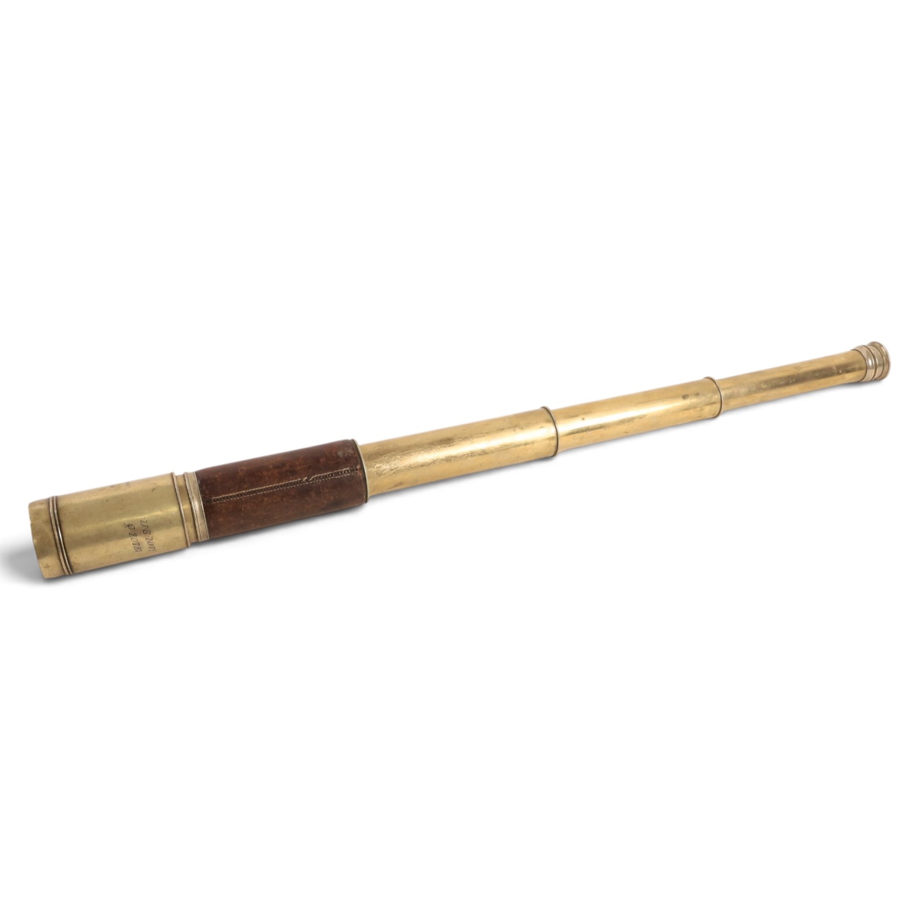 Early 20th century leather-bound three drawer brass telescope, inscribed 'Presented to The United States Government by Weedon Dawes Williams 24 State Street New York January 30 1918 US Navy no.20781', full length L75cm