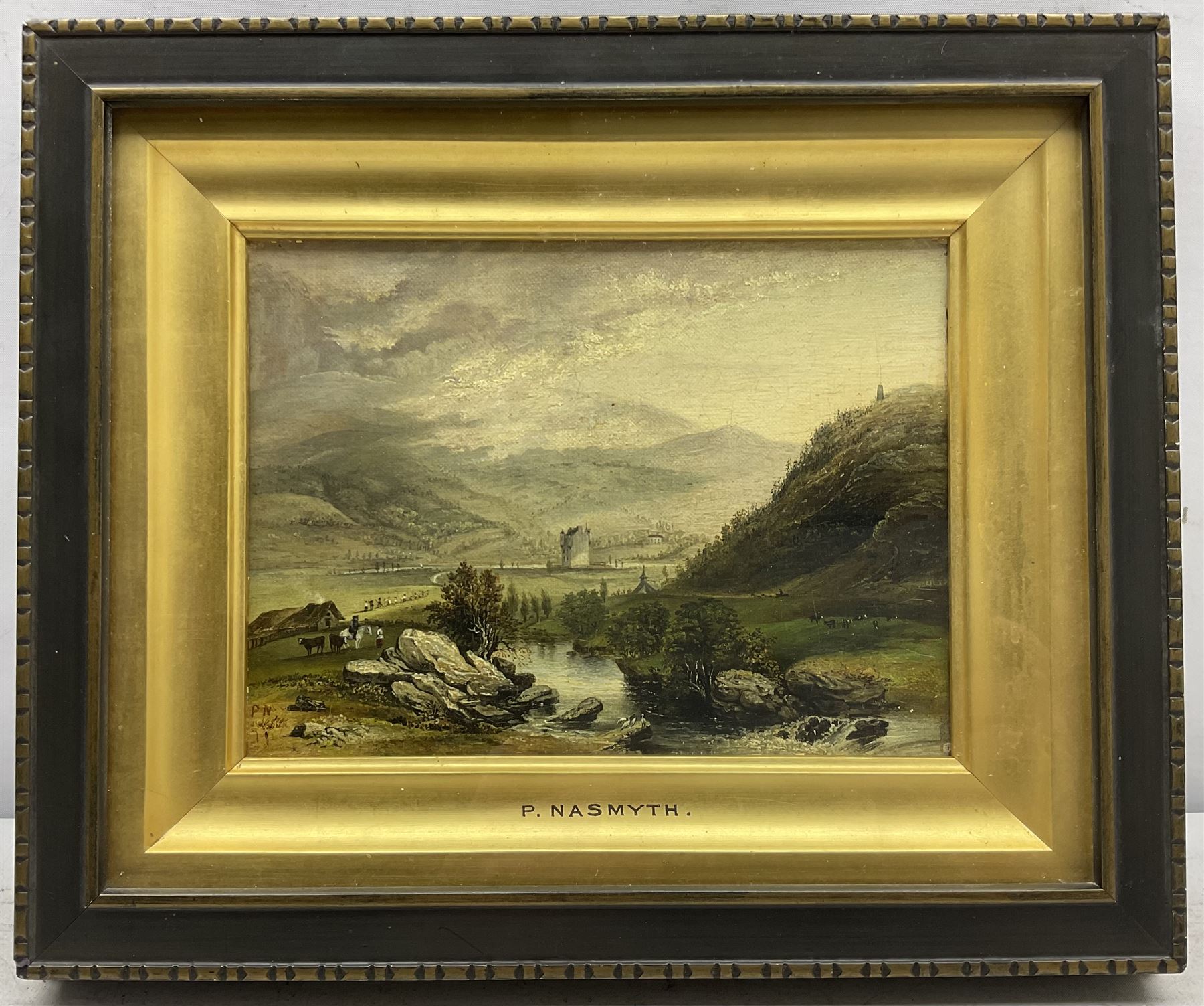 Patrick Nasmyth (Scottish 1787-1831): 'Braemar Castle', oil on canvas laid on to panel signed with initials, titled and inscribed verso 14cm x 19cm