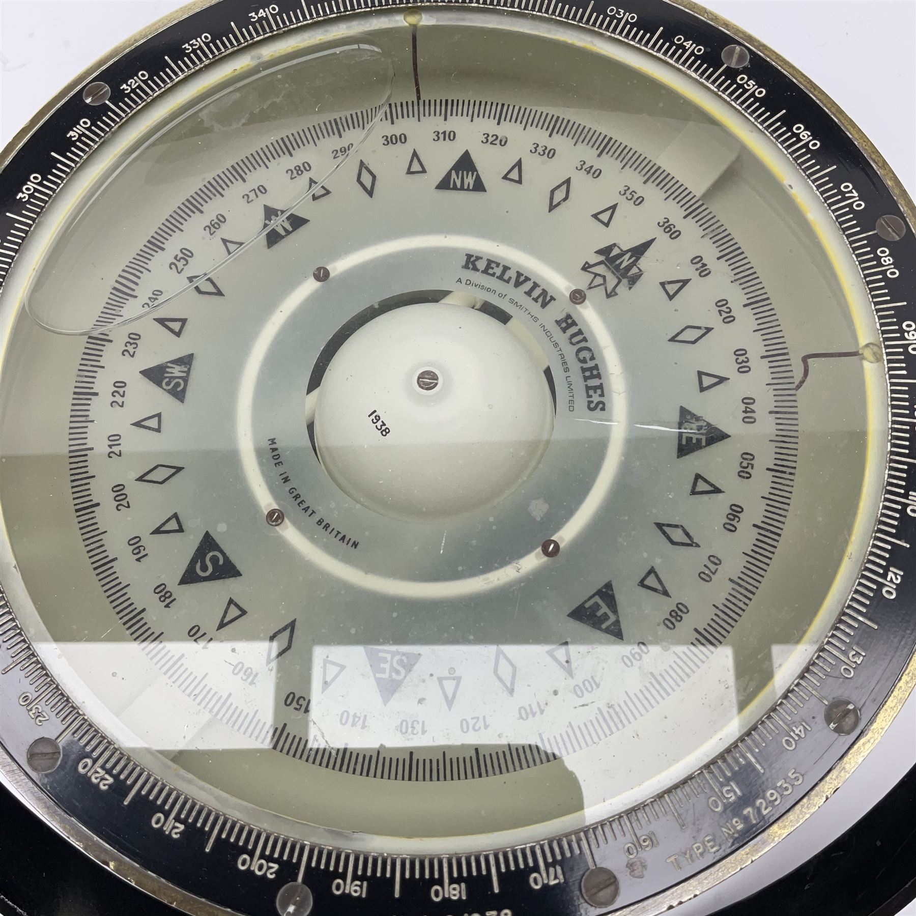 Kelvin Hughes ship's compass type no.72935, with black enamelled brass casing and gimbal mount, serial no. L.S.1938 D23cm excluding gimbal