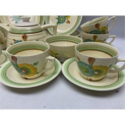 Wilkinson Clarice Cliff honeydew pattern tea service for eight, comprising teapot, milk jug, open sucrier, teacup and saucers, dessert plates and two side plates (29)