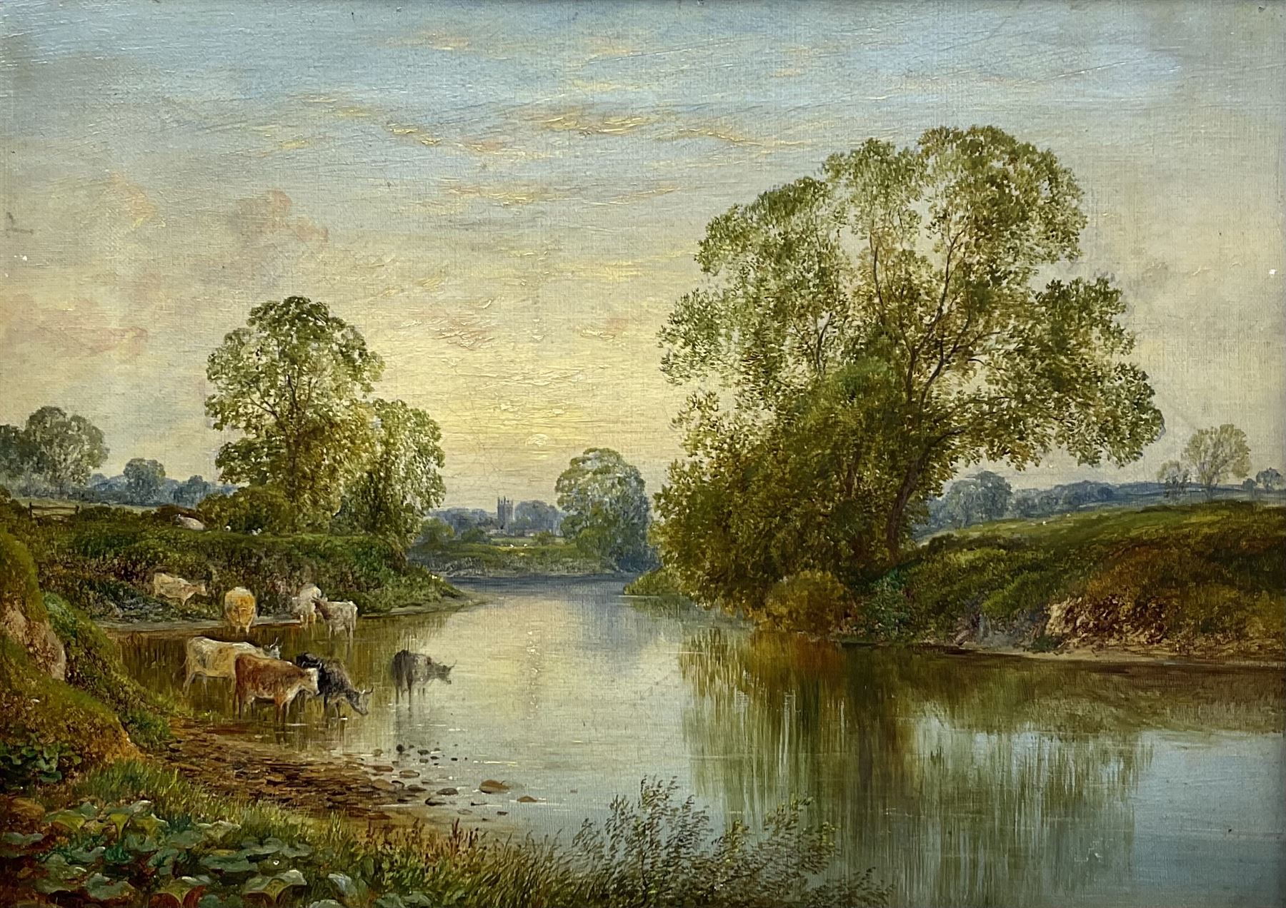 George Alexander (British 1832-1913): Cattle Watering at 'The River Wharfe Tadcaster', oil on canvas signed and inscribed verso 27cm x 37cm
