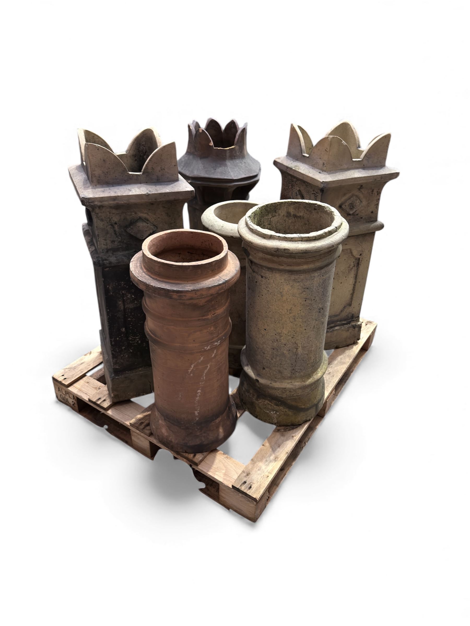 Six reclaimed terracotta / cast stone Chimney pots