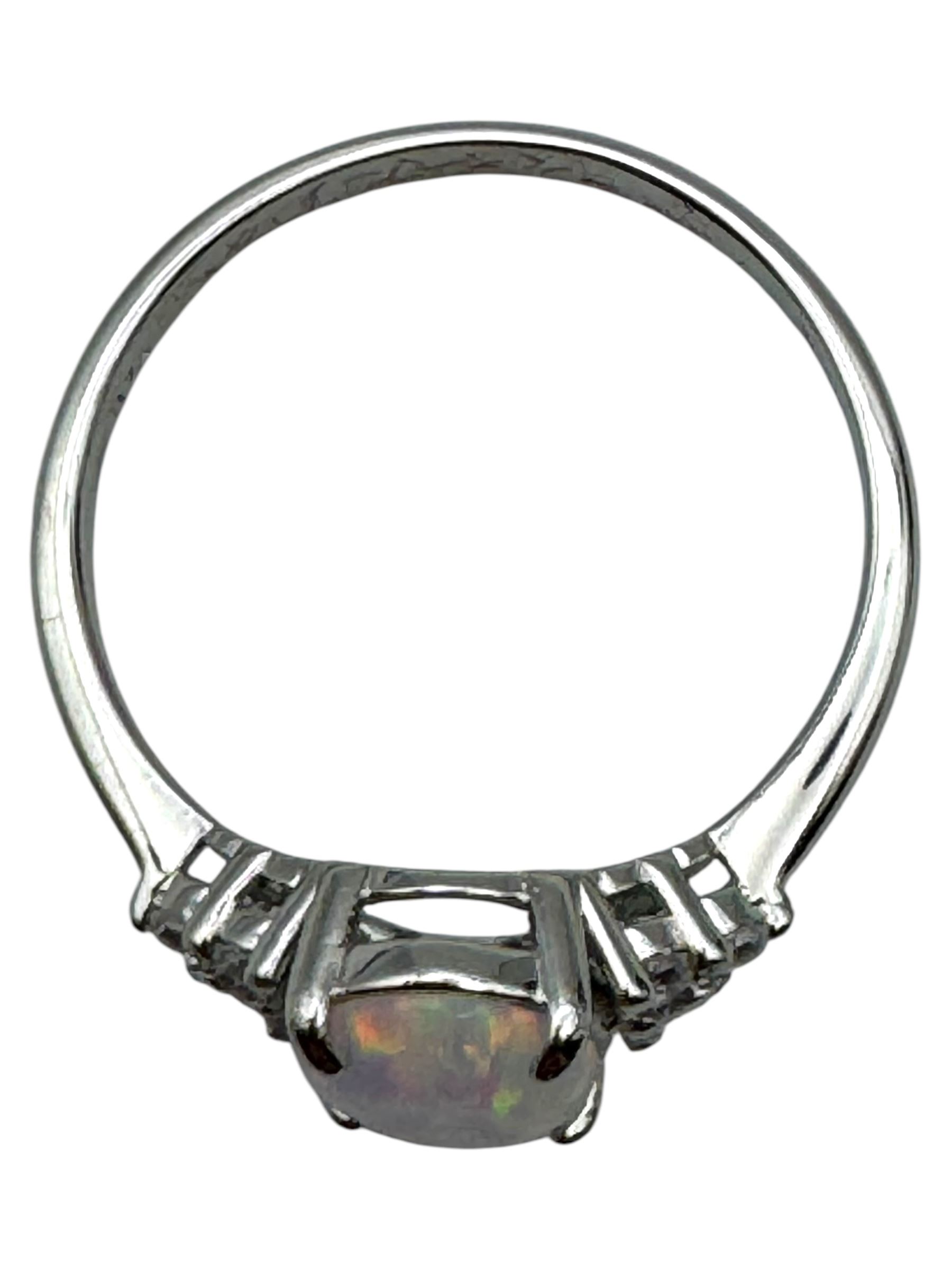 Silver cubic zirconia and opal cluster ring, boxed