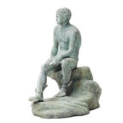 After the Antique - a cast metal sculpture of a resting Hermes, unmarked, H28cm 