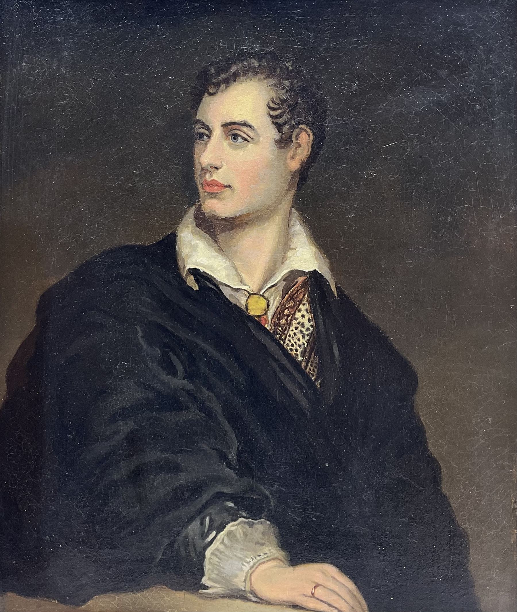 English School (19th century): Portrait of Lord Byron, oil on canvas unsigned, indistinctly inscribed on the stretcher 29cm x 24cm