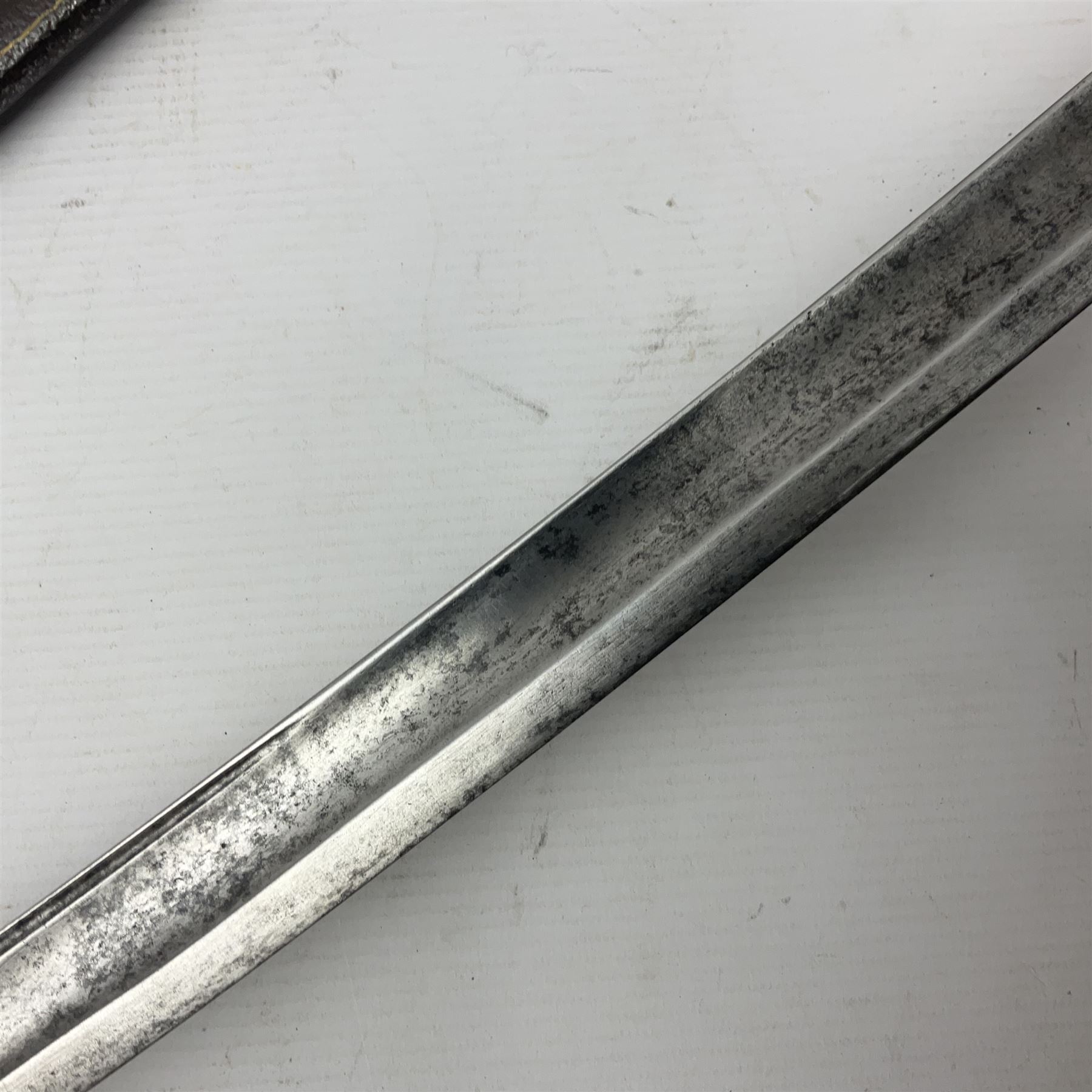 19th century French 1822 Pattern Light Cavalry trooper's sword with 88.5cm slightly curving fullered blade, brass three-bar hilt and wire-bound leather grip; in polished steel scabbard with two suspension rings L110.5cm overall