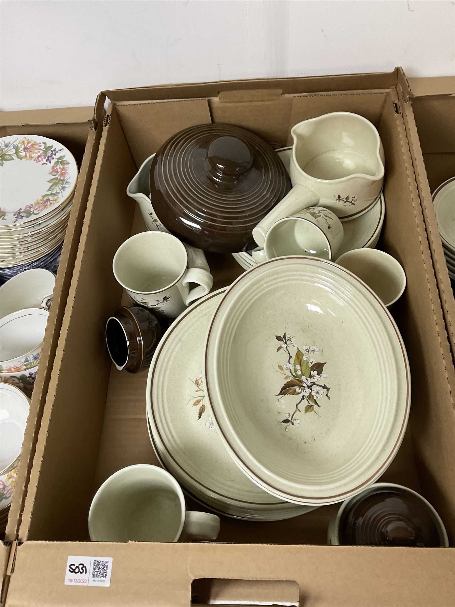 Minton Shalimar pattern tea wares, including teapot, cake plates, cups, saucers and larger plate, together with Paragon Country Lane pattern teawares and Royal Doulton Wild Cherry pattern tea and dinner wares, in three boxes 