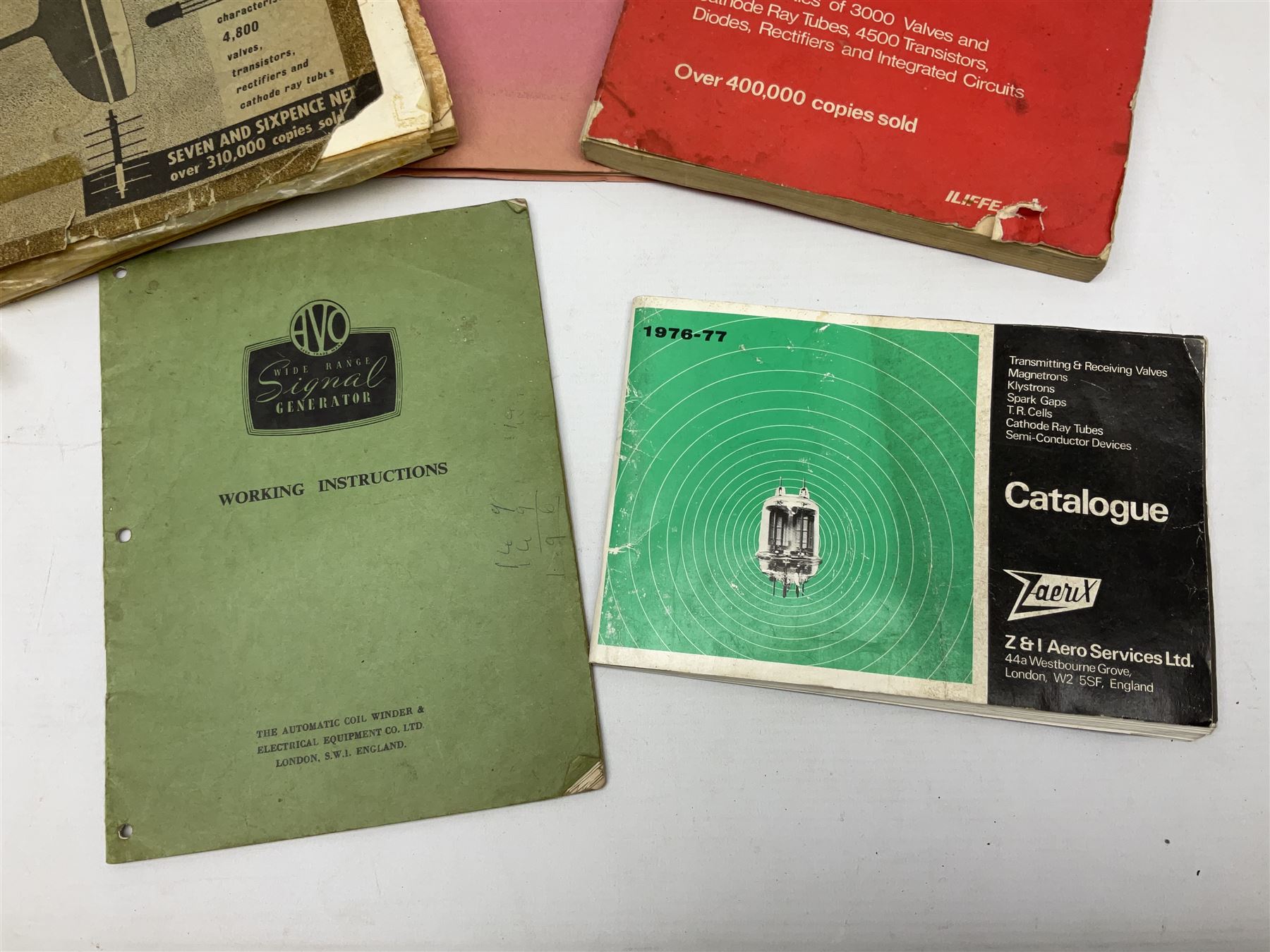 AVO valve tester, British Patent 480752 by the Automatic Coil Winder & Electrical Equipment Co Ltd, together with 16-type plug board with connecting lead, AVO wide range signal generator with original instruction manural and AVO multimeters mk2 and mk4 etc