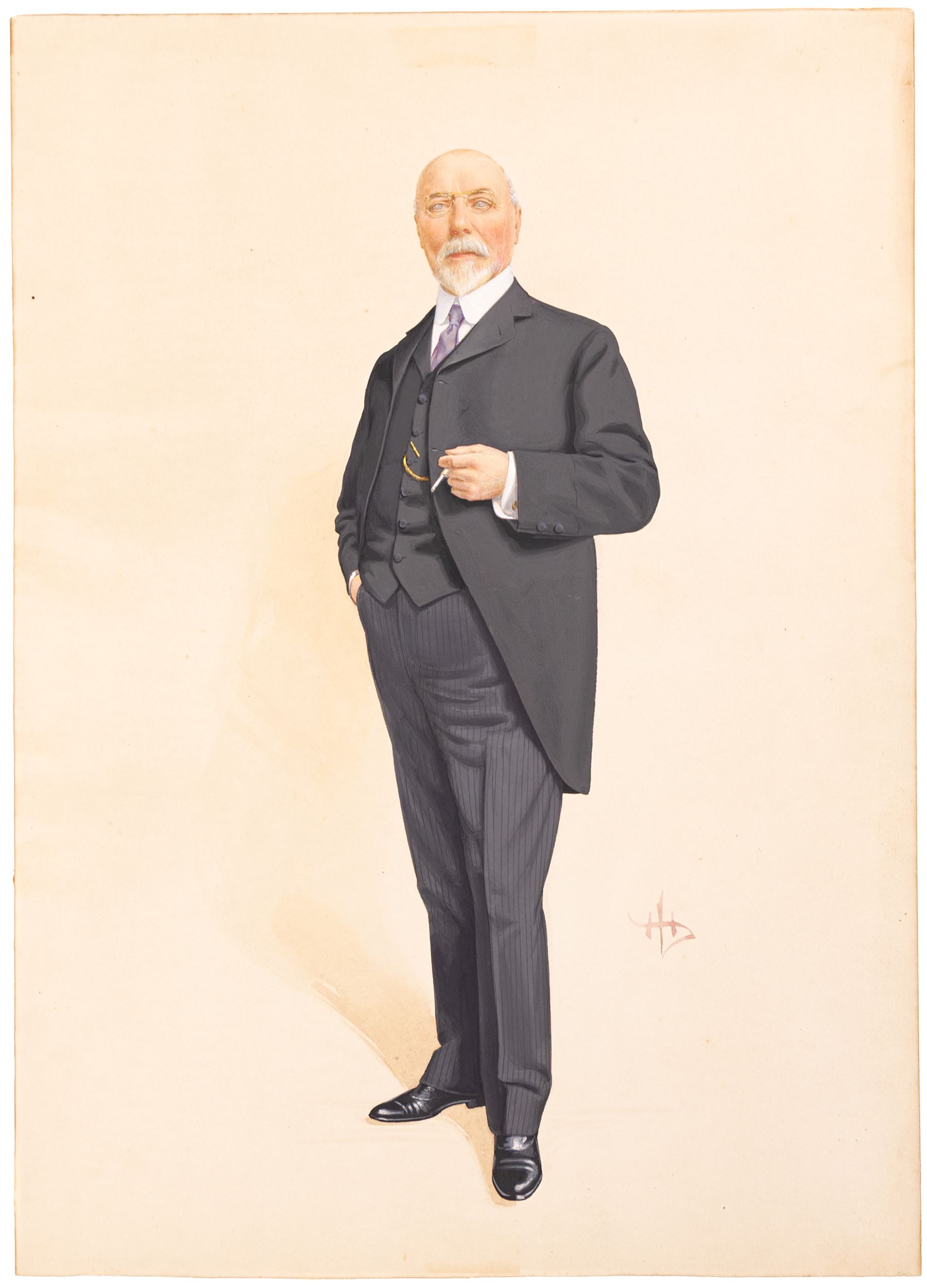 Manner of the Vanity Fair Cartoonists (1869-1914): 'Sir James Williamson' -1st Baron Ashton, gouache indistinctly signed with monogram, titled verso 53cm x 38cm (unframed)
Notes: This appears to be a rare surviving depiction of Sir James Williamson, a famously private individual who was known for shunning formal portraits. Now referred to as 'The Lino King', Williamson took over his father's Lancaster business and built a monopoly on cheap cork linoleum. The Lune Mills factory would employ a quarter of the Lancaster population. Despite controversies regarding his peerage and the possible exploitation of his workforce, his philanthropy and patronage given towards local causes has been highly celebrated. 