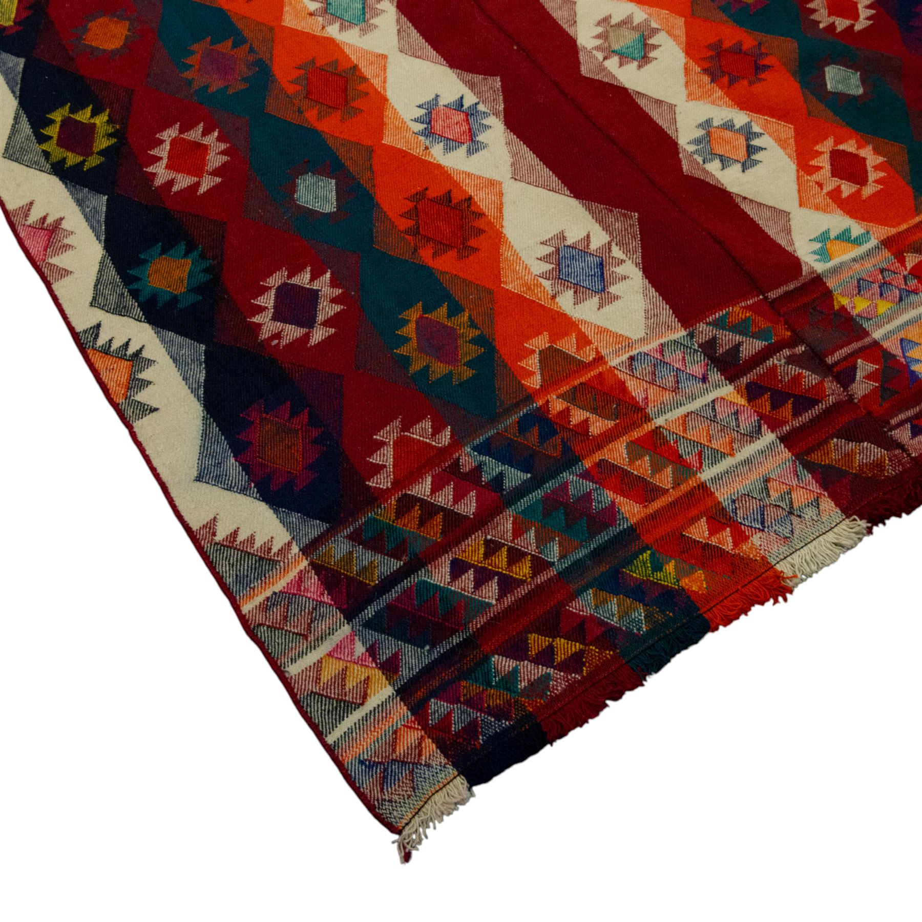 Southwestern Persian Jajim kilim, flat woven in bold bands of crimson, orange, cream, and indigo, decorated with rows of hooked diamond and star motifs 