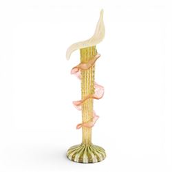 Victorian Jack in the Pulpit Vaseline glass vase, in shades of green and pink, H32cm