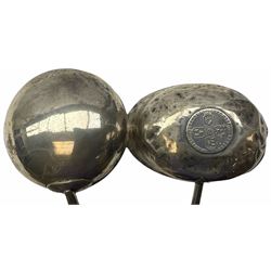 Two Georgian silver toddy ladles with baleen twist handles, (neither hallmarked), one with inset coin to bowl, together with a group of silver plate including cruet stand enclosing two glass bottles with stoppers, shaker and preserve pot with spoon, pair open salts with glass liners, etc. 