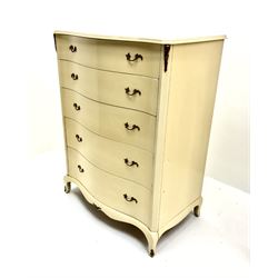 French style cream painted serpentine chest, moulded top, five drawers, cabriole feet