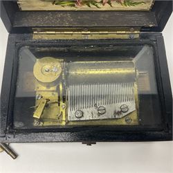 Small late 19th/early 20th century Swiss walnut cased musical box, the overglazed movement with 5cm cylinder and thirty-five tooth comb; the lid with card inscribed 'La Fauvette Salse' and 'Marche de Faust'; under base winding with key; serial no.50443, L12cm