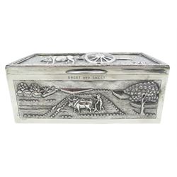 20th century unmarked Indian silver cigarette box, of rectangular form the hinged cover and sides embossed with panels depicting rural scenes, opening to reveal a softwood lined interior, H7.5cm L18cm D9cm 