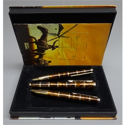  Writing Instruments - Montblanc 'Miguel de Cervantes' limited edition writing set comprising fountain pen with '18k' gold nib engraved with a windmill, ballpoint pen and propelling pencil, with certificate and presentation box, 'Mod.M28728'  