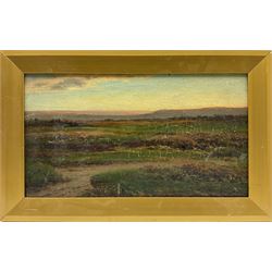 Joseph Knight (British 1837-1909): 'Conway' Heathland, oil on panel signed, titled verso 20cm x 37cm