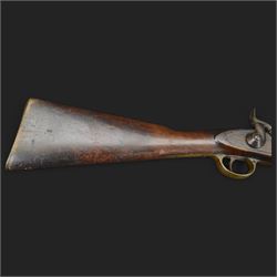 Two-Band short service musket, the L66cm barrel with sold out of service marks and indistinct marks, with ram rod beneath, the lock marked with crowned and Windsor 1855, overall L108cm
Sold as an exempt item under Section 58 (2) of the 1968 Firearms Act, to be held as a curiosity or ornament