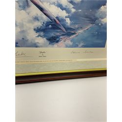 After Robert Taylor, colour print entitled 'Spitfires', dated 1979, depicting two Spitfires high above the clouds over the Southern English coast, signed on the mount by Sir Douglas Bader and Allied Ace Johnnie Johnson 41 x 54cm, mahogany stained frame