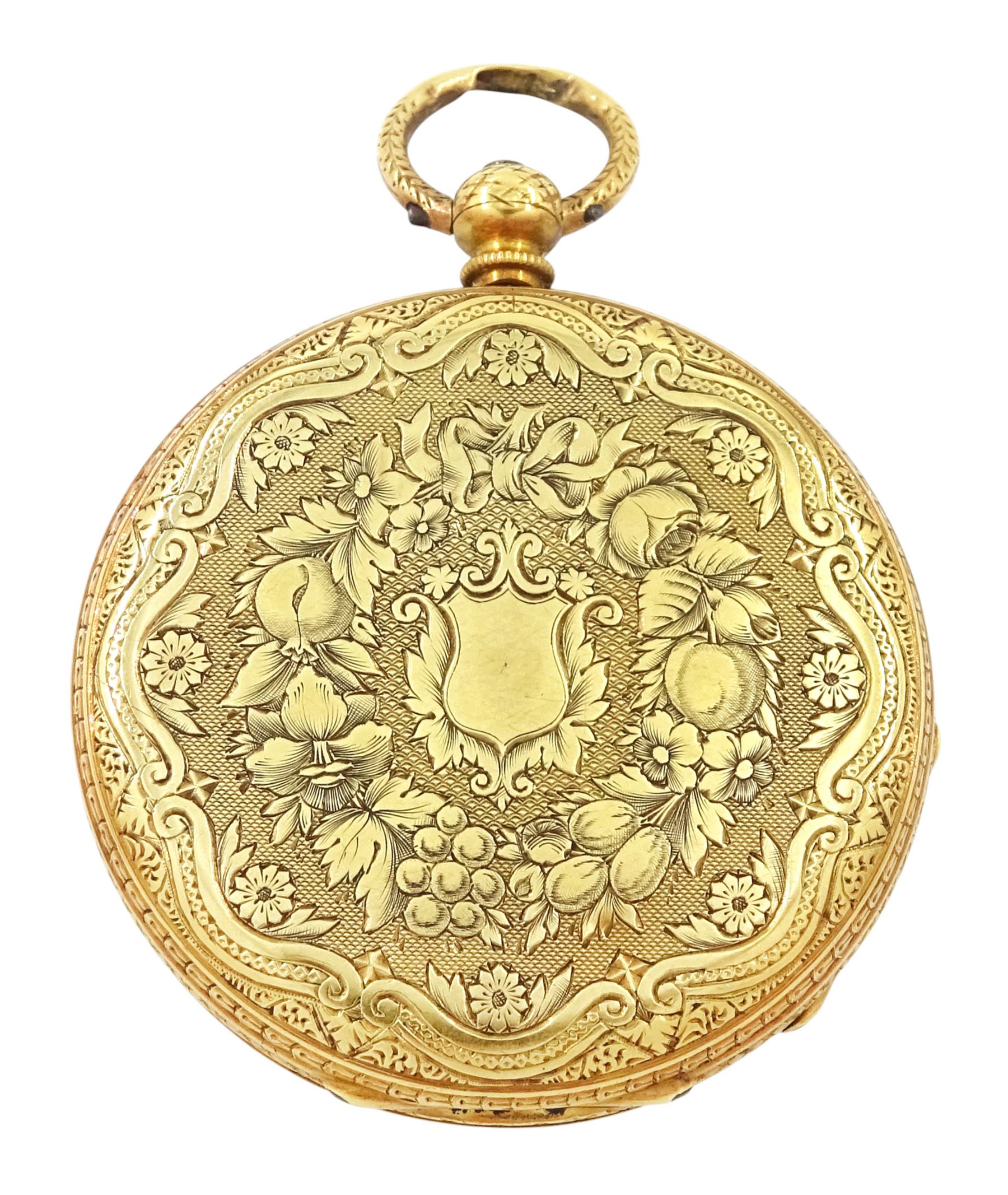 19th century 18ct gold open face key wound cylinder pocket watch by Baume, Geneve, gilt dial with Roman numeral hour markers, back case with engraved foliate decoration, stamped 18K