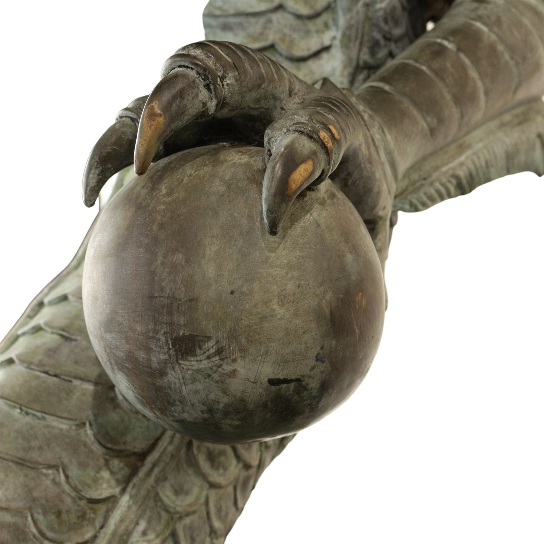 Verdigris hand finished cast brass Chinese Dragon garden centre-piece fountain, scaled dragon with gaping jaw holding an orb, curled tail on wave cast base