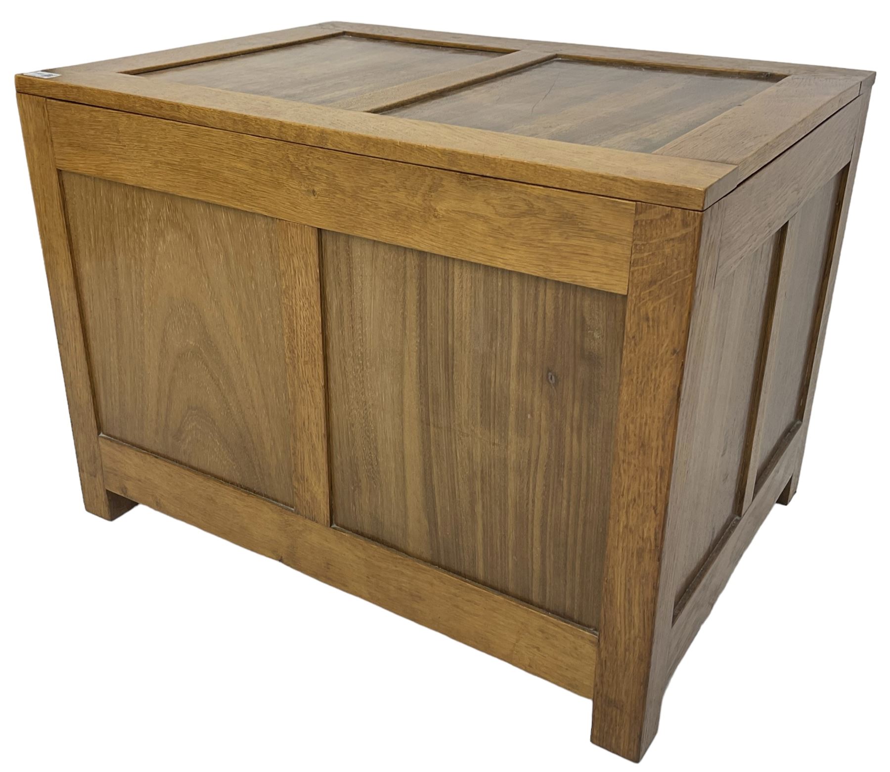 20th century panelled oak blanket chest, rectangular hinged top, raised on square supports