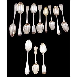 Collection of twelve Victorian silver teaspoons, to include two with similar engraved floral designs to front and verso, both hallmarked Samuel Hayne & Dudley Cater, London 1861, together with a set of three Fiddle pattern teaspoons, hallmarked London 1850, maker's mark HH, and a pair of Fiddle pattern teaspoons, hallmarked Robert Wallis, London 1844, etc 
