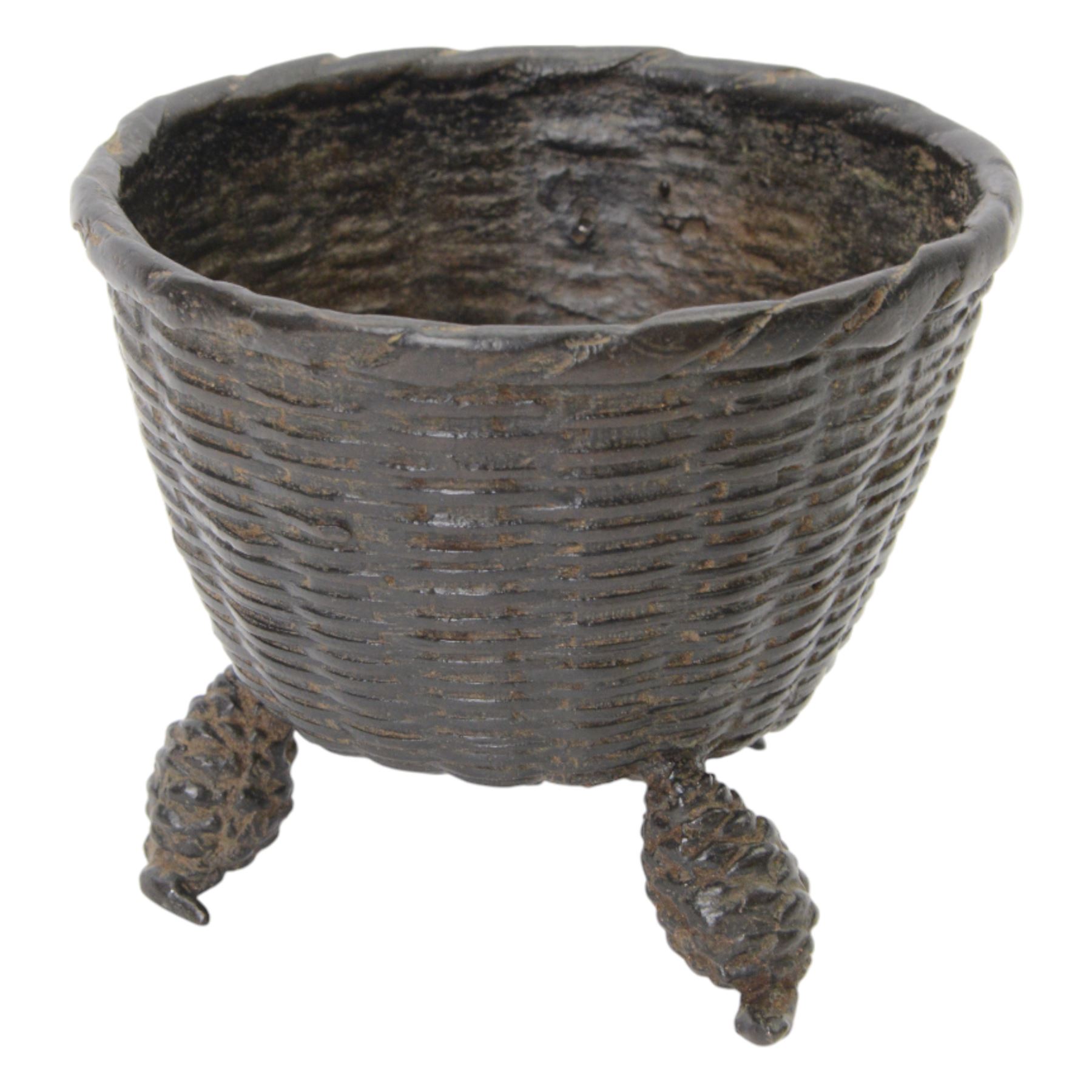 Japanese bronze censer shaped as a basket upon three legs modelled as fern cones, H12cm 