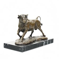 After Antoine Louis Barye - bronze figure of a charging Bull, H13cm 