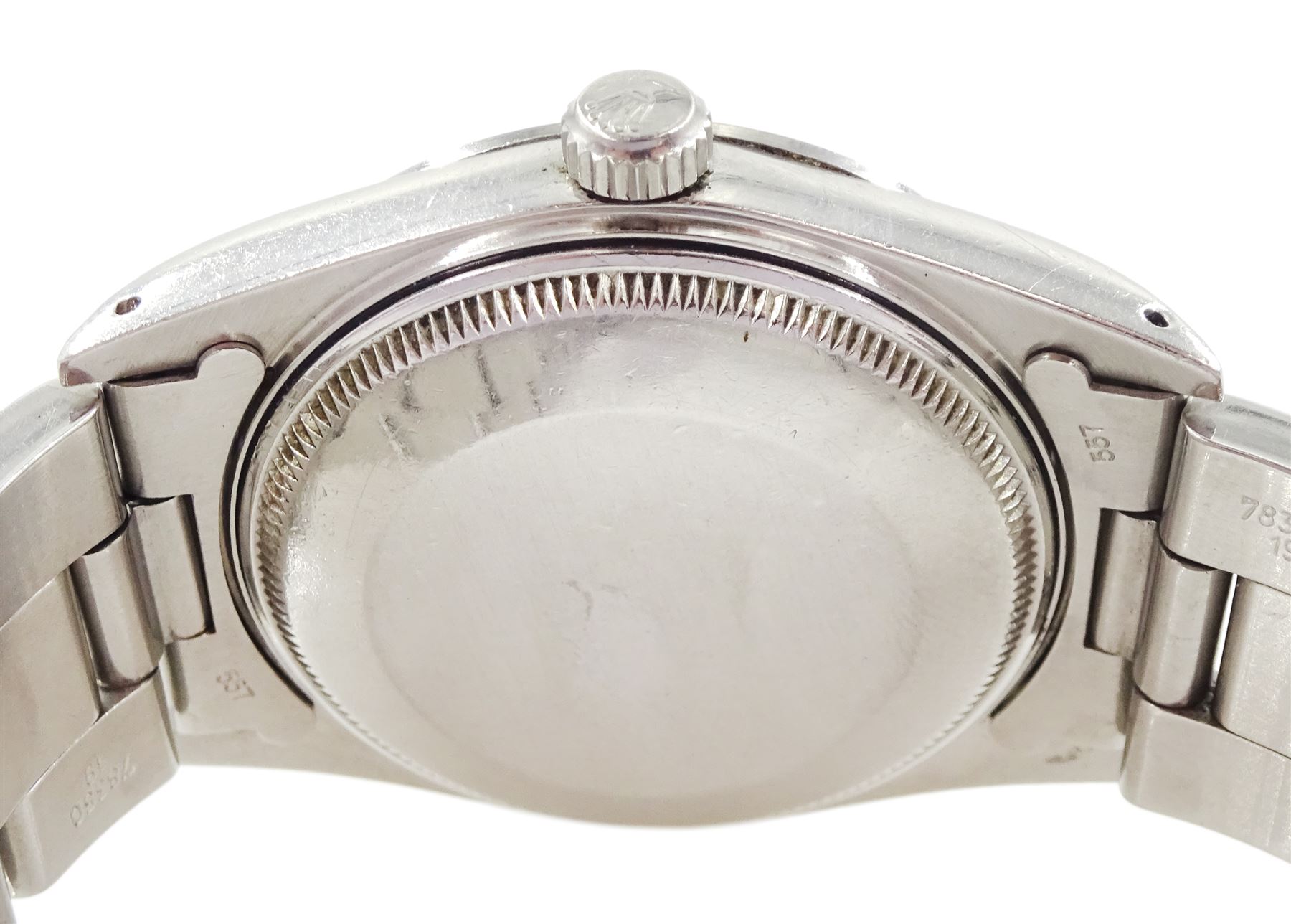 Rolex Oyster Perpetual Air-King Date gentleman's stainless steel automatic wristwatch, Ref. 5700N, serial No. R235206, blue dial with baton hour markers and date aperture, on stainless steel Oyster bracelet, with fold-over clasp