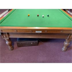 Burroughes and Watts (Soho, London: 1839-1900) - late 19th century oak full size billiard or snooker table, on eight turned supports, thick slate bed.
Currently situated in storage, ready for delivery. Currently in storage. Sold as per image.