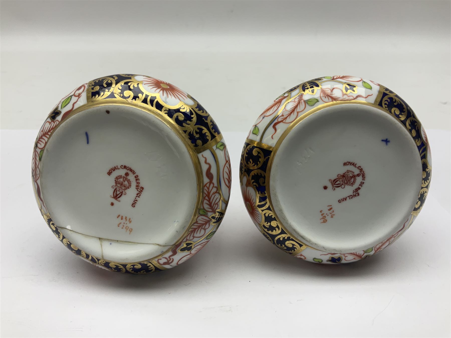 Pair of Royal Crown Derby 6299 imari pattern miniature vases