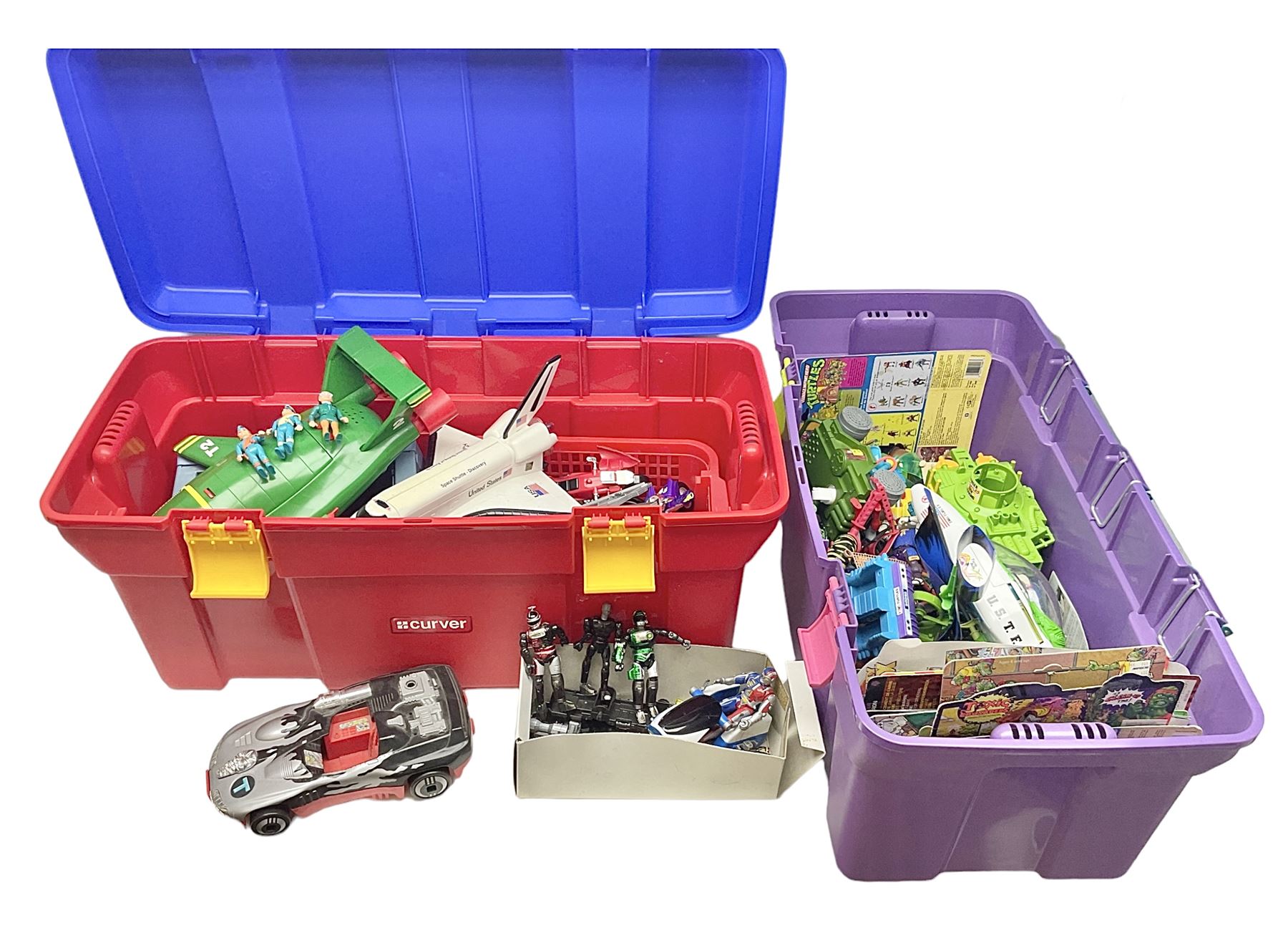 Collection of 1990s toys, including Biker Mice from Mars, Teenage Mutant Ninja Turtles, Thunderbirds etc in three boxes 