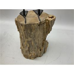 Wooden sculpture of Cormorant aquatic bird on a naturalistic wooden plinth, H46cm